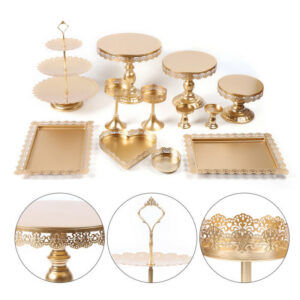 Location lot de 8 supports à gâteaux dorés