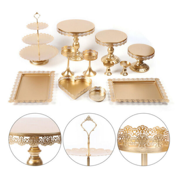 Location lot de 8 supports à gâteaux dorés